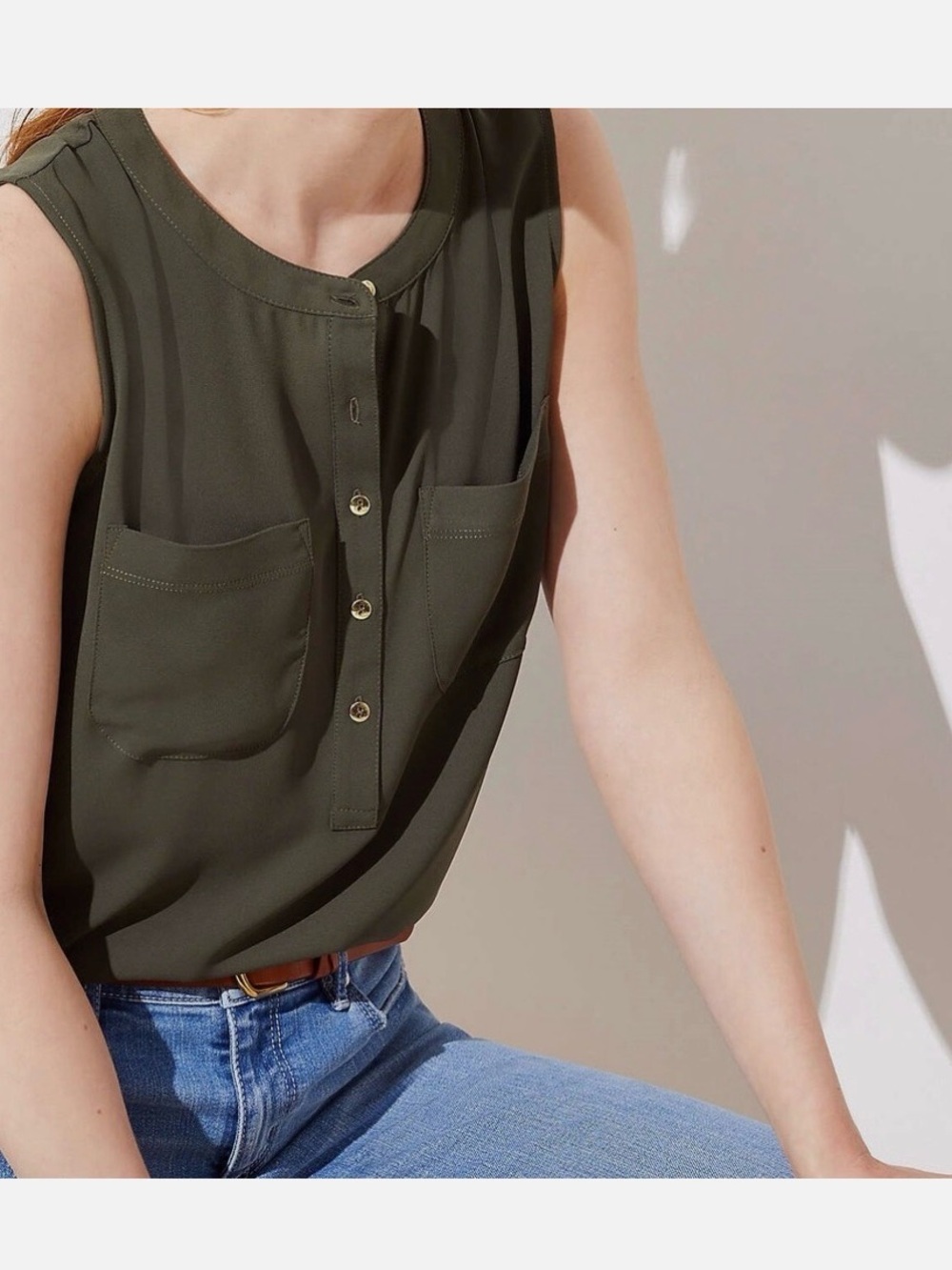 LOFT olive green mixed media henley tank top